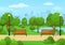 Cartoon public city park with green trees, benches and lake. Summer outdoor scenery urban park nature landscape vector