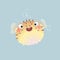 A cartoon puffer fish on gray background
