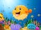 Cartoon puffer fish with sea life