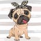 Cartoon Pug Dog girl with a bow isolated on a striped background