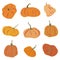 Cartoon pumpkin flat icons set. Thanksgiving and Halloween collection. Farm harvest, closeup vegetable.