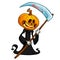 Cartoon pumpkin head monster. Vector pumpkin reaper in black hood with scythe isolated on white