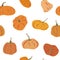 Cartoon pumpkin seamless pattern. Thanksgiving, Halloween collection. Farm harvest, close up vegetable.