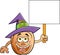 Cartoon pumpkin wearing a witch hat and holding a sign.