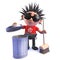 Cartoon punk rocker in 3d cleaning with a broom and trash can