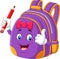 Cartoon purple school backpack holding pencil and giving thumbs up