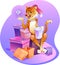 A cartoon purple tiger sits on gift boxes.