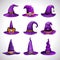 Cartoon purple witch hats, fantasy caps icons set. Wizard hat collection.