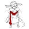 Cartoon puzzled cat in clothes with a red scarf