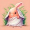 Cartoon rabbit, adorable, fluffy, shy, pink and white, wearing a pink blanket, peeking out of a cozy hole in a grassy meadow, cute
