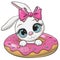 Cartoon Rabbit girl swimming on pool ring donut