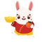 Cartoon rabbit with golden boat yuanbao ingot and tangerines. Happy Chinese new year celebration bunny character for 2023