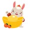 Cartoon rabbit with golden boat yuanbao ingot and tangerines. Happy Chinese new year celebration hare character for 2023