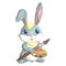 Cartoon rabbit, hare artist with brush, paints, easel. Cute child character, symbol of 2023 new chinese year