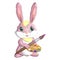 Cartoon rabbit, hare artist with brush, paints, easel. Cute child character, symbol of 2023 new chinese year