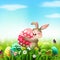 Cartoon rabbit holding Easter egg in field