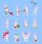 Cartoon rabbit poses. Hare creative pose, crazy bunnies collection easter snow rabbits comic funny smile fairy bunny