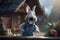 Cartoon rabbit runs out of the house in a rage