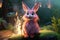 a cartoon rabbit sitting on a rock in front of a fire