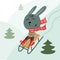 Cartoon rabbit sledding