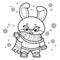 Cartoon rabbit in warm sweater and scarf outlined for coloring page on white background