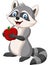 Cartoon raccoon holding a red apple