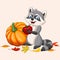 Cartoon raccoon holding red apple and pumpkin