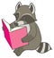 Cartoon raccoon reading a big book