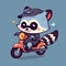A cartoon raccoon wearing a jacket and hat rides a scooter.