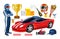 Cartoon racing elements collection. Winner cup, racing helmet, gloves, racer man, trophy medals, sport car. Vector racing set