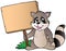 Cartoon racoon holding wooden board