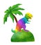 Cartoon rainbow t rex dinosaur on island land with palm tree. Funny card design. Watercolor character multicolor