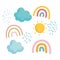 cartoon rainbows sun clouds rain sky icons