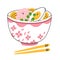 Cartoon ramen bowl with shrimp and egg, vector illustration