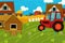 Cartoon ranch farm scene with different wooden buildings - illustration for children