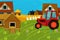 Cartoon ranch farm scene with different wooden buildings - illustration for children