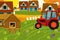 Cartoon ranch farm scene with different wooden buildings - illustration for children