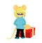 Cartoon rat in winter overalls and with a gift. Year of the rat. Chinese horoscope. Beauty mouse.