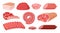 Cartoon raw meat. Pork ribs, beef steak and smoked bacon, meat food, ground beef and sausages flat vector illustration on white