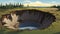 Cartoon Realism: A Comic Image Of A Cracked Sinkhole In A Field