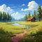 Cartoon Realism: Green Forest Cottage Illustration With Expansive Landscapes
