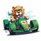 Cartoon Realism: Lion Driving Green Racing Car Illustration