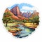 Cartoon Realism Sticker Of Zion National Park - Detailed Creek And Mountains