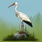 Cartoon Realism: White Stork Standing On Rock In Iconographic Landscape