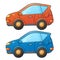 Cartoon red and blue passenger cars or machines. Images transport or vehicle for children. Colorful vector set of illustrations