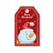 Cartoon red Christmas tag or label with smiling snowmen in Santa`s hat.