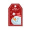 Cartoon red Christmas tag or label with smiling snowmen in Santa`s hat.