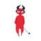 Cartoon red devil with horn vector flat illustration. Cute little dangerous demon isolated on white background. Playful