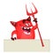 Cartoon red devil monster holding blank wooden board or placard. Vector monster character illustration