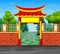 Cartoon of red entrance door to the forest